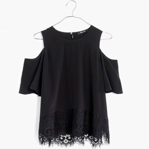 Black Lace Edged 100% Silk Cold-shoulder Top